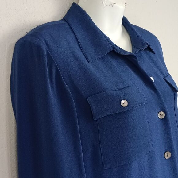 Vintage Talbots Women's Classic Silk Blue Long Sleeve Button Up Midi Dress sz 10 - Picture 4 of 15